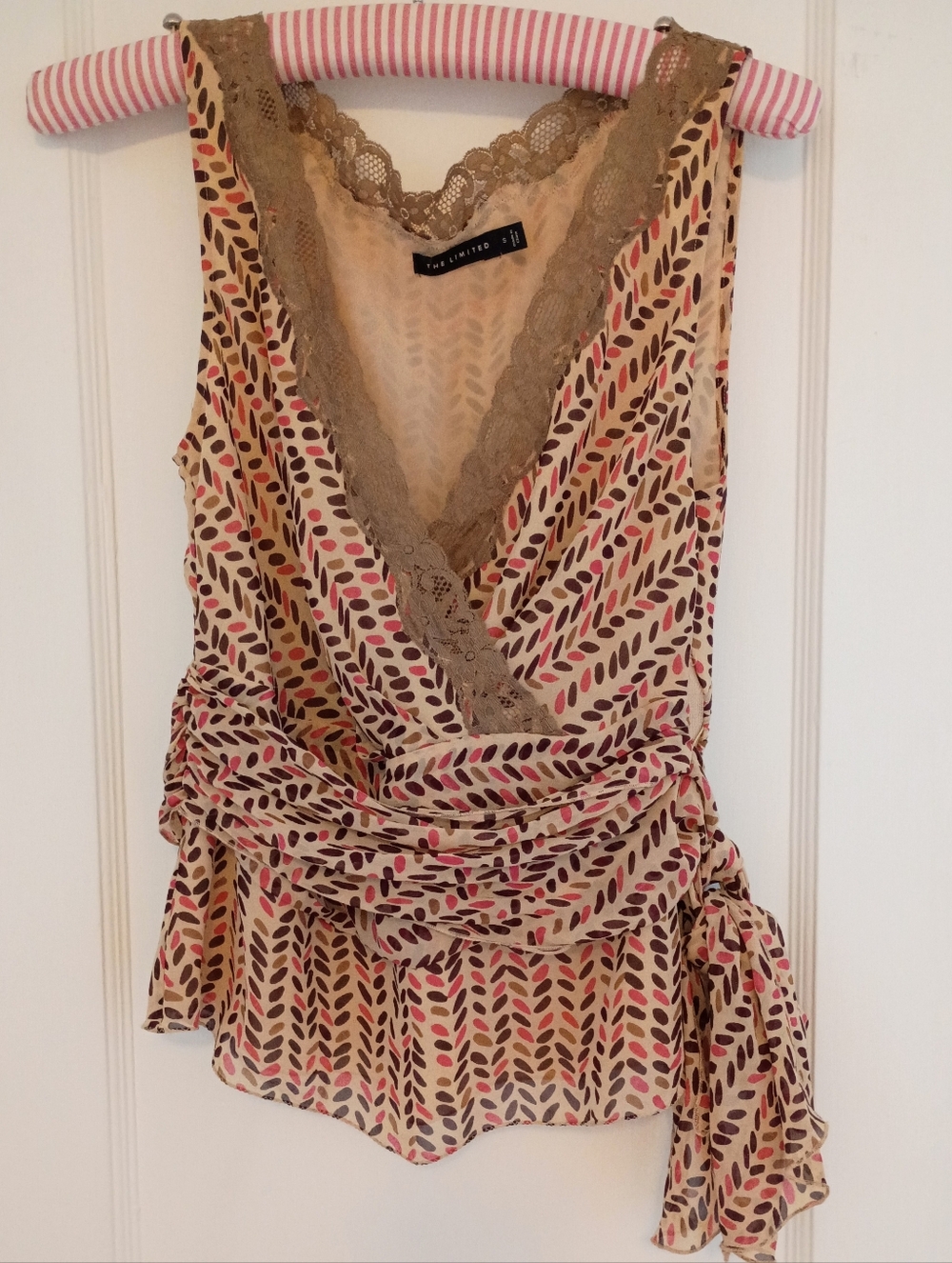 Silk Blouse Lace Trim. Pink, Tan & Brown with Sash Bow - Picture 1 of 13